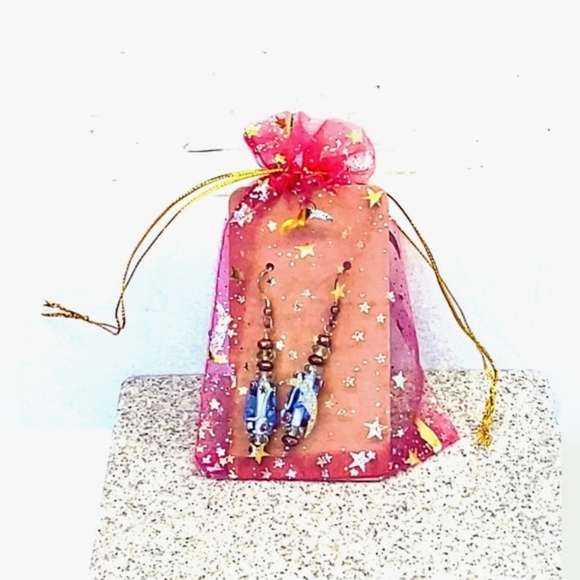 VINTAGE LAMPWORK GLASS BEAD EARRINGS LIGHT GREEN &BLUE FLOWER SILVER EARRINGS - Picture 7 of 7